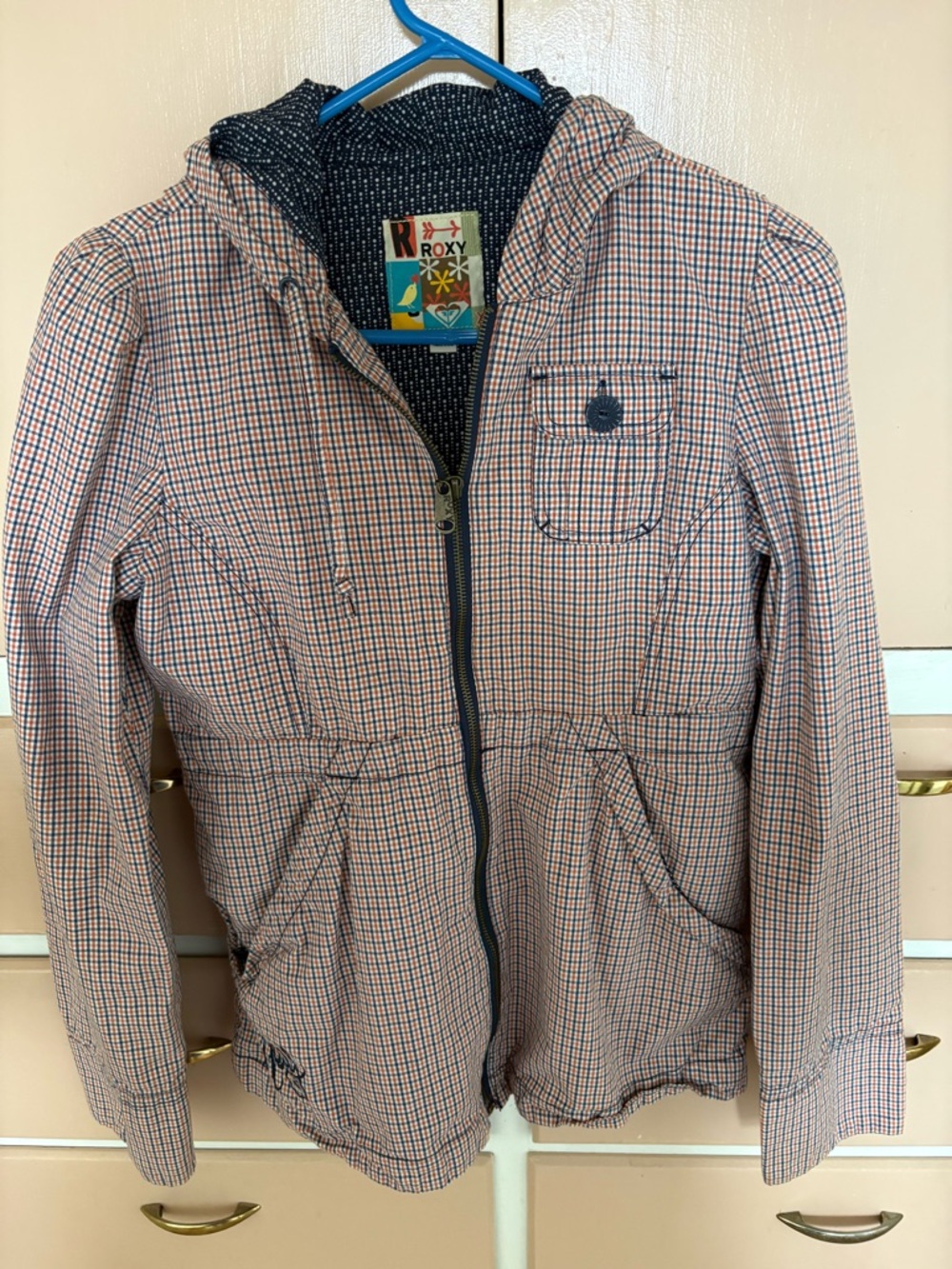 Roxy Pink and Navy Checked Hooded Rain Jacket
